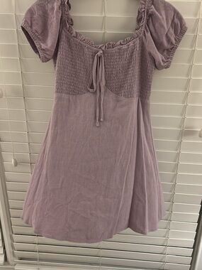 Smocked Square-Neck Mini Dress in Dusty Lavender Altard state